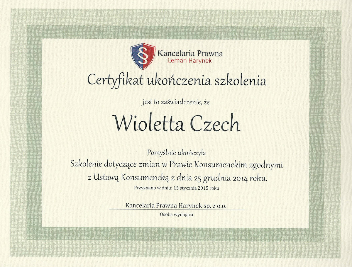 Certyfikat ukończenia szkolenia z prawa konsumenckiego — Wioletta Czech